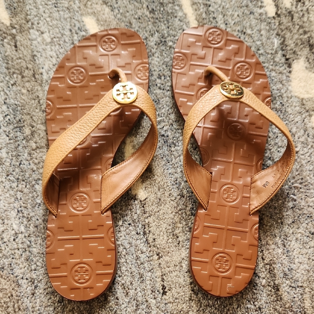 Tory Burch Tan Flip-Flops with Gold Accents